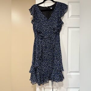 NWOT Tommy Hilfiger black, blue & white printed flutter  sleeve ruffle dress 14